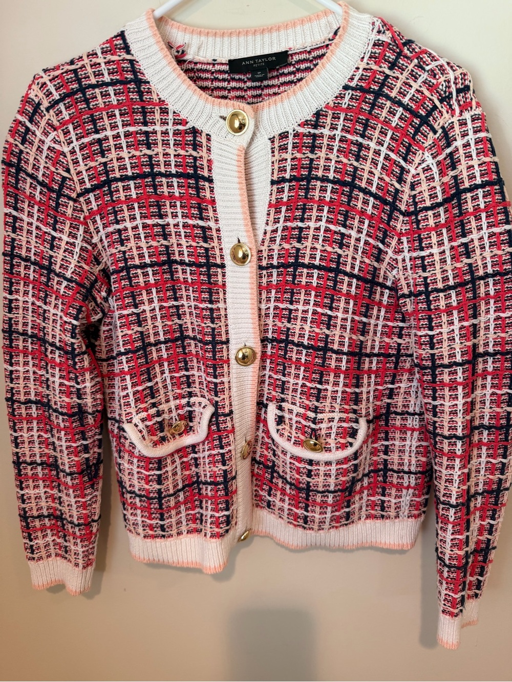 Ann Taylor Cream, Pink & Navy Tweed Button Cardigan